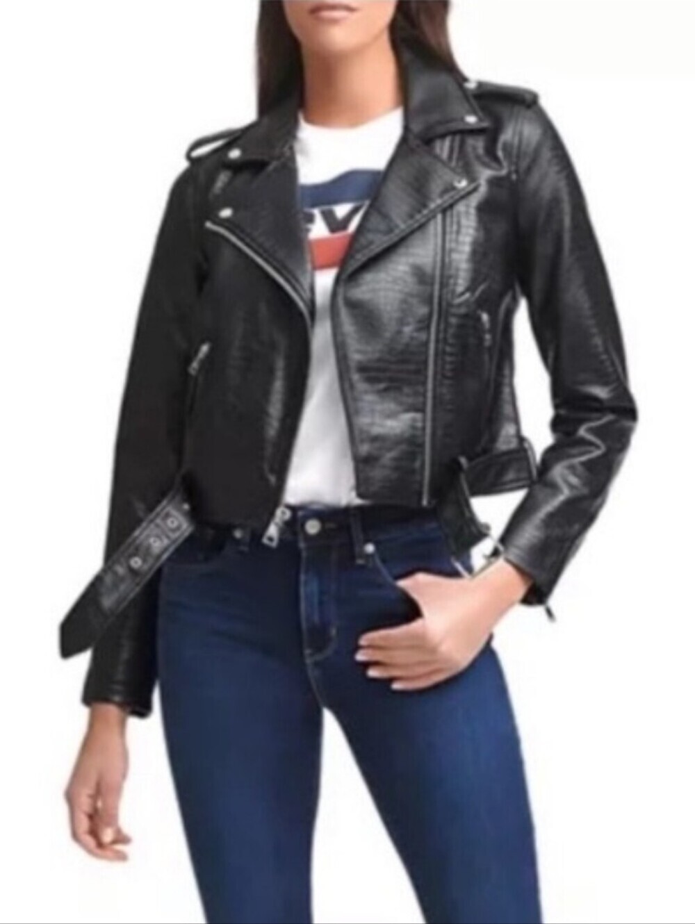Levi's Black Faux Vegan Leather Moto Jacket with Zip Details_L